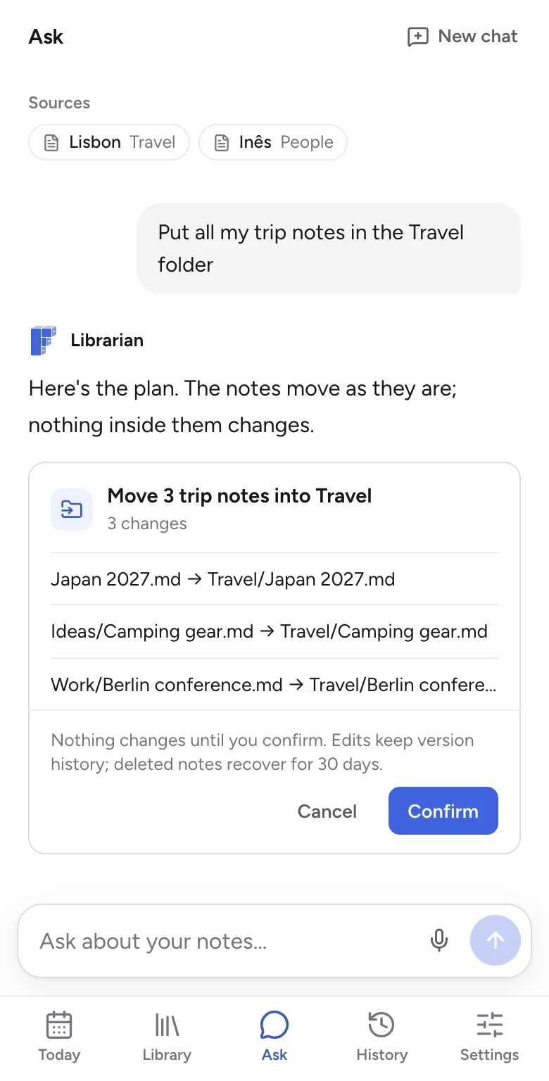 Ask on a phone: a plan to move three trip notes into Travel, waiting for Confirm