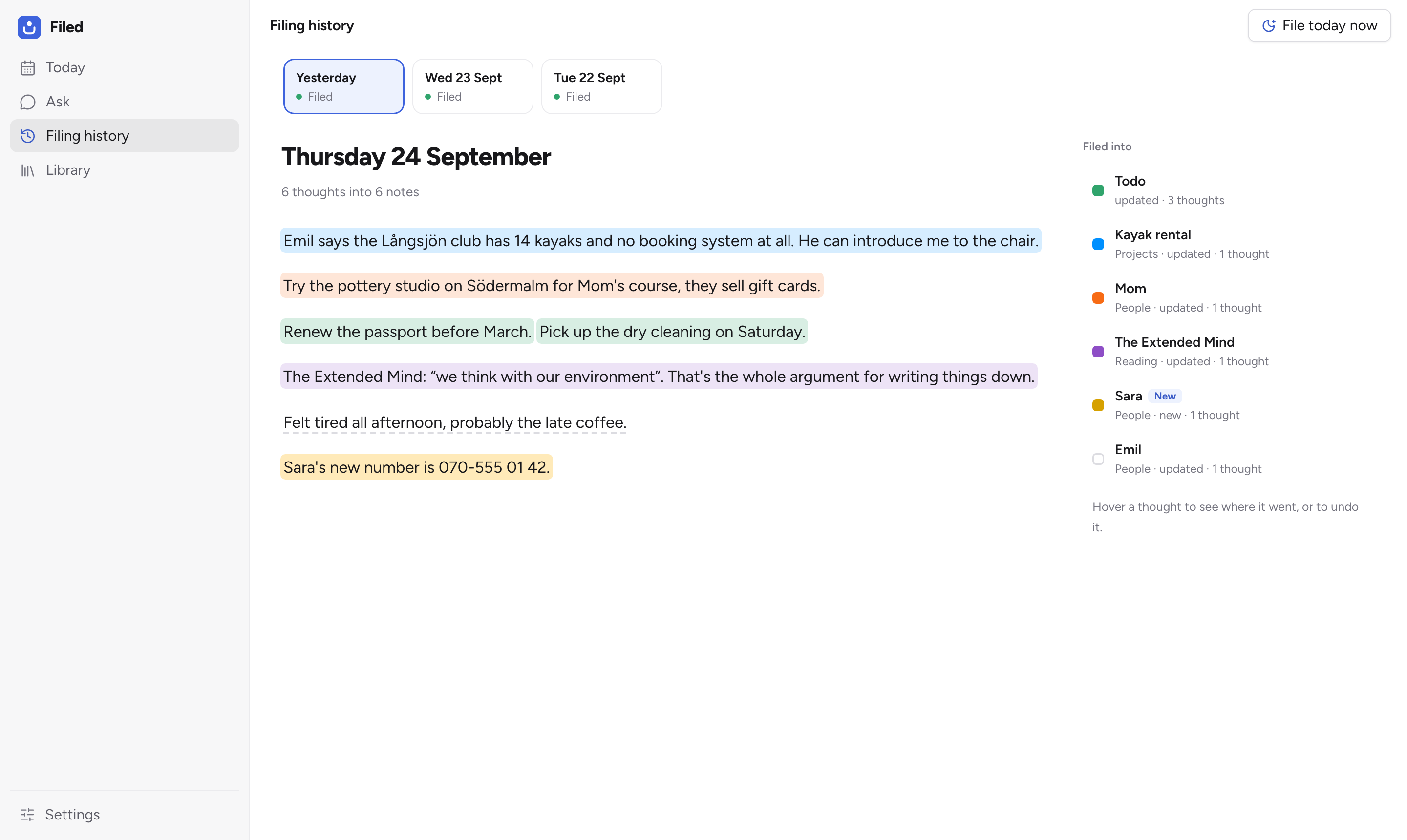 Filing history: yesterday's page, each thought highlighted in the color of the note it was filed into