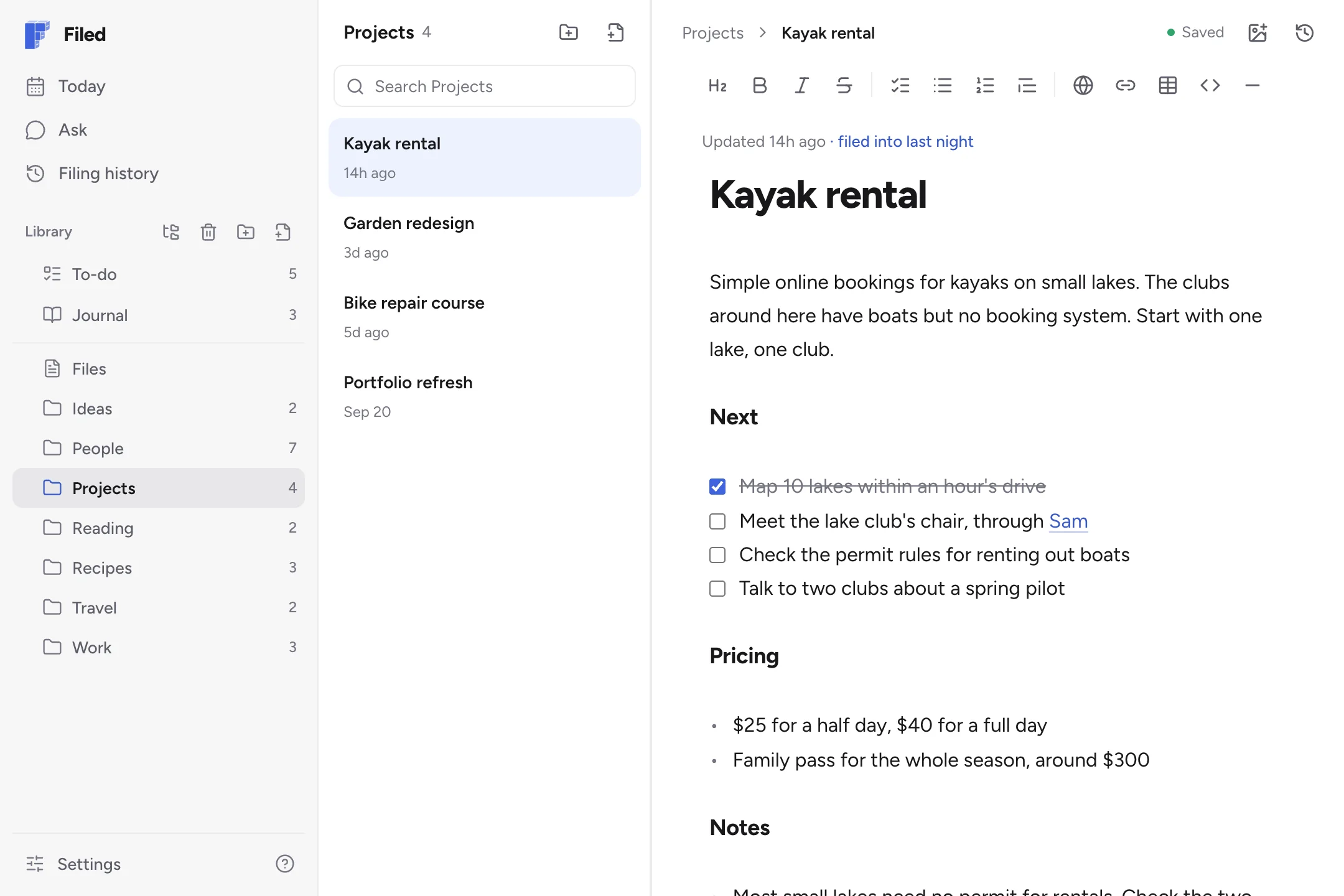 A project note in Filed, with a checklist, pricing and notes, filed into last night