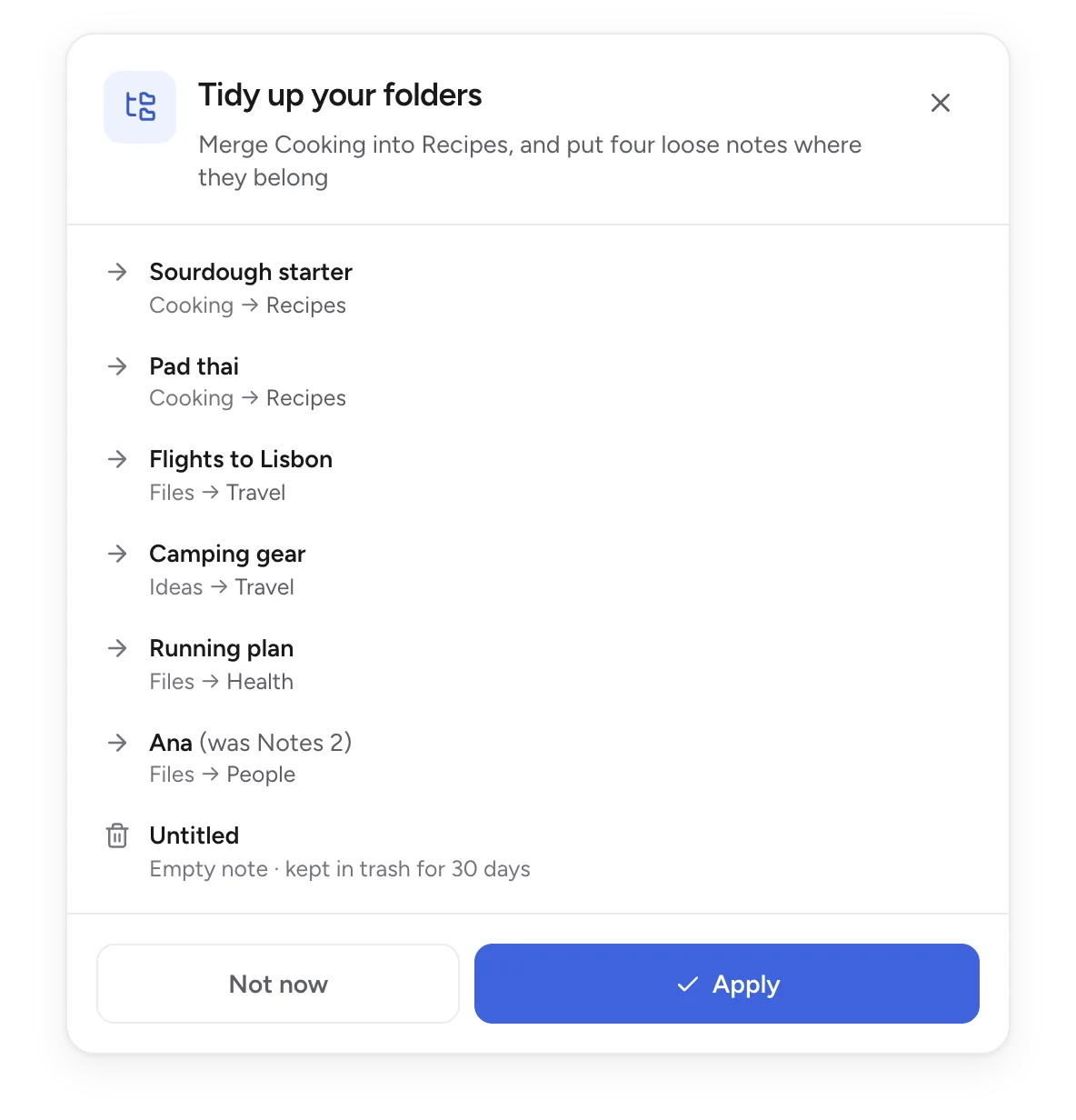 A tidy-up suggestion in Filed: merge Cooking into Recipes and put loose notes in their folders, with Apply and Not now