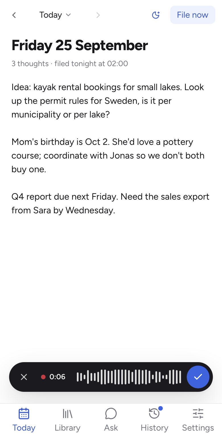Today's page on a phone, mid-dictation